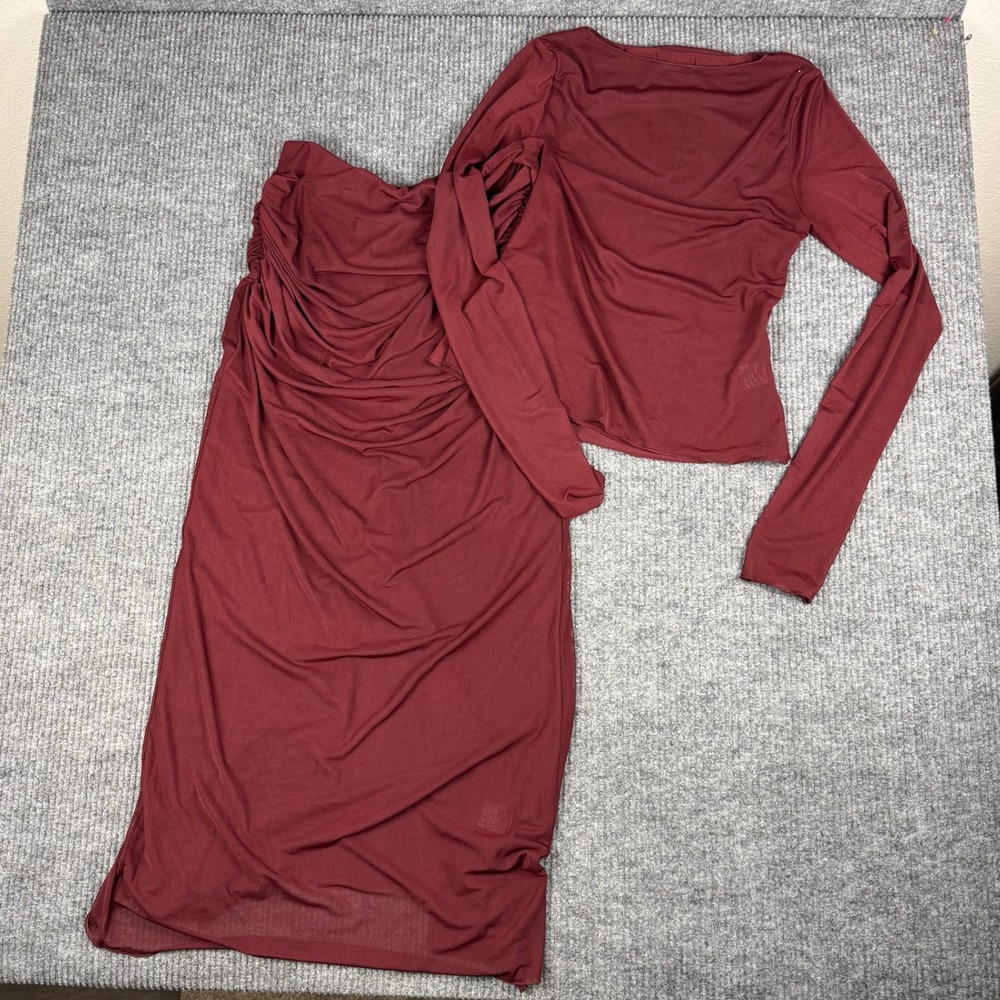 DISSH Nyra 2 Pc SET Womens XL Mesh Top Ruched Column Midi Skirt Dark Romance